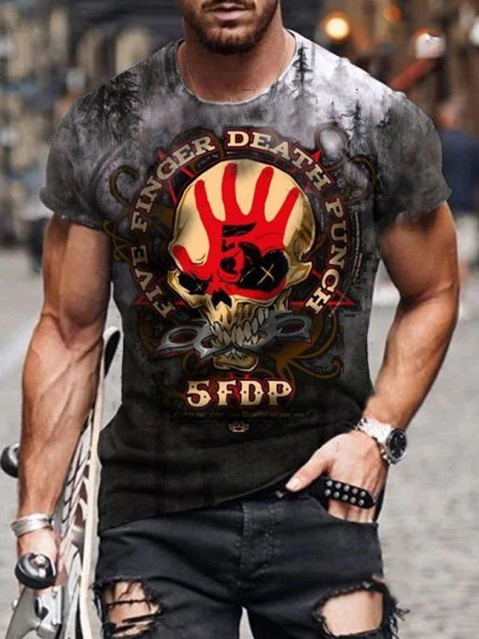 Men'S Trendy Five Finger Death Punch Skull Art Print Short Sleeve Round Neck T-Shirt