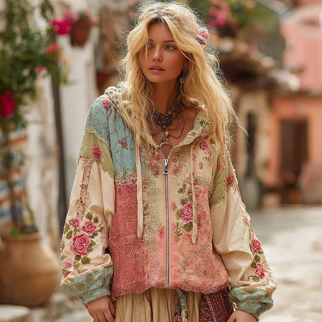 Women's Floral Embroidery Color Block Boho Casual Zip-up Hoodie artswardrobe