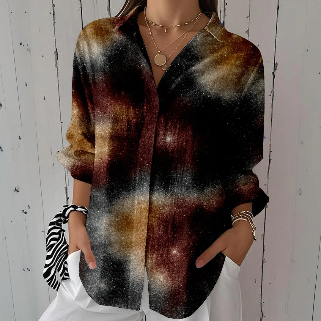 Style & Comfort for Mature Women Women Glitter,Brown DZCL0032 3/4 Sleeve Shirt Collar Printed Button Tops
