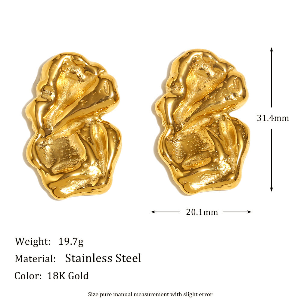 Retro French Earrings Stainless Steel Plated 18K Gold Vintage Irregular Fold Earrings For Women