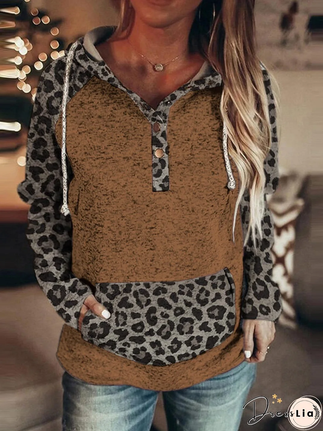 Hoodies Leopard Button Pocket Drawstring Hoody for Women