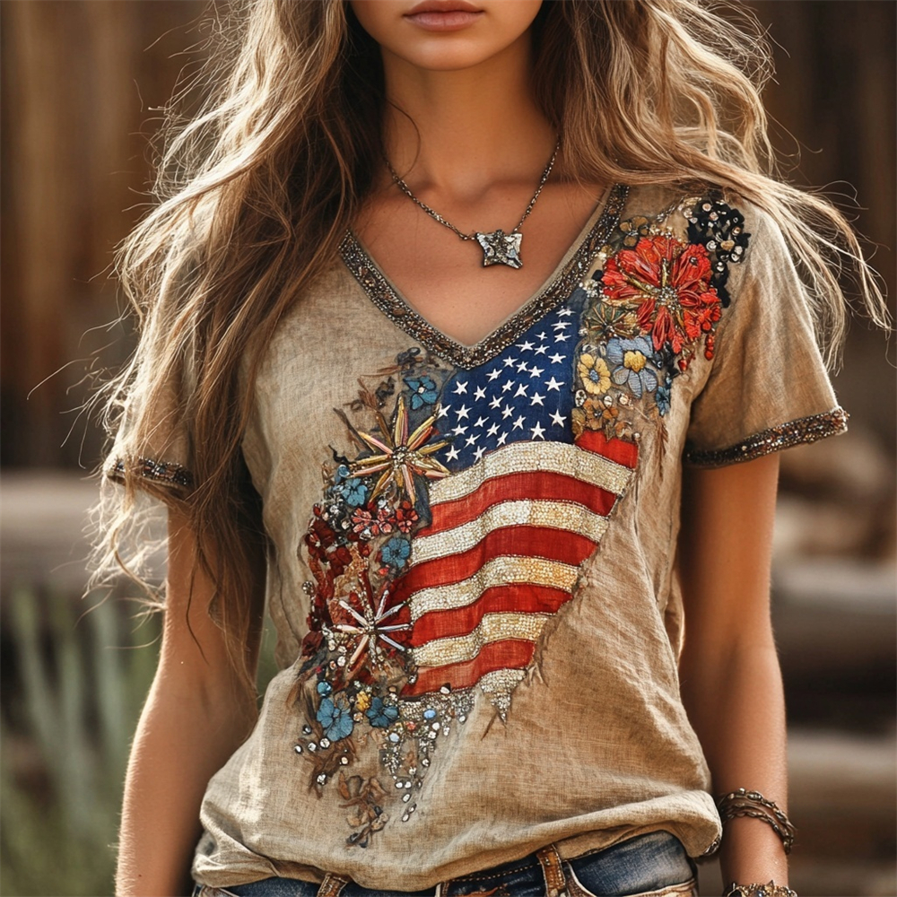 Comstylish Western Vintage Sequin Floral Embroidered Women's V-neck T-shirt