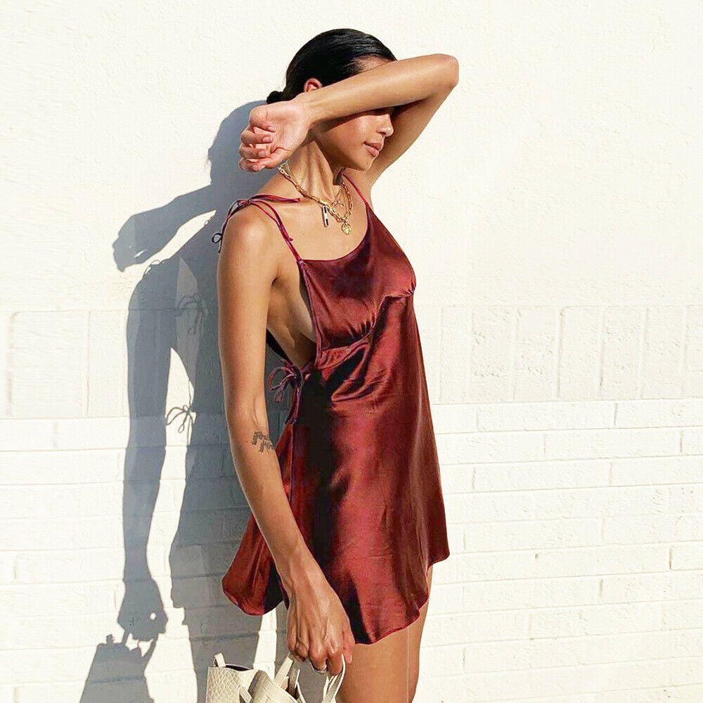 Sexy Women Strappy Satin Sleeveless Mini Dress Summer Sling Smooth Solid Short Dress A Line Cocktail Party  Slim Dress 2Colors