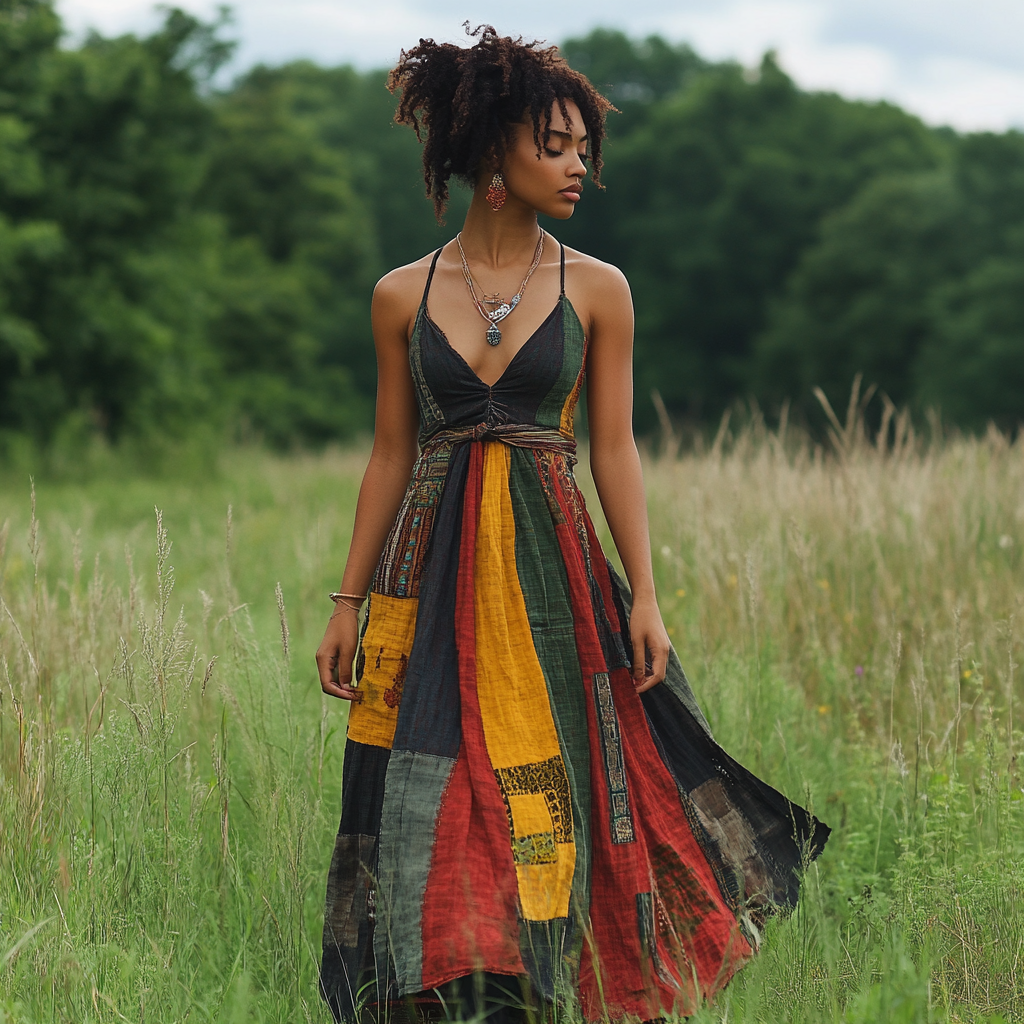 Women's African Colorful Patchwork Art Linen Slip Dress