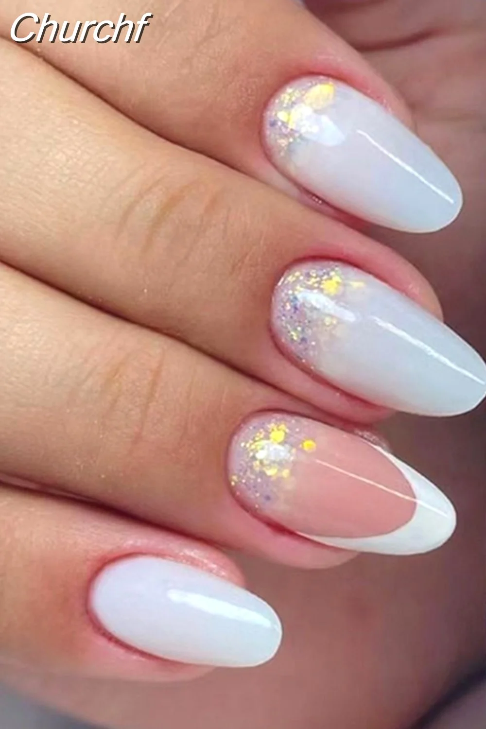 Churchf Simple False Nails Set White French Almond Fake Nails With Designs Press On Nails Manicure Full Cover Nail Tips-Nail Inspo