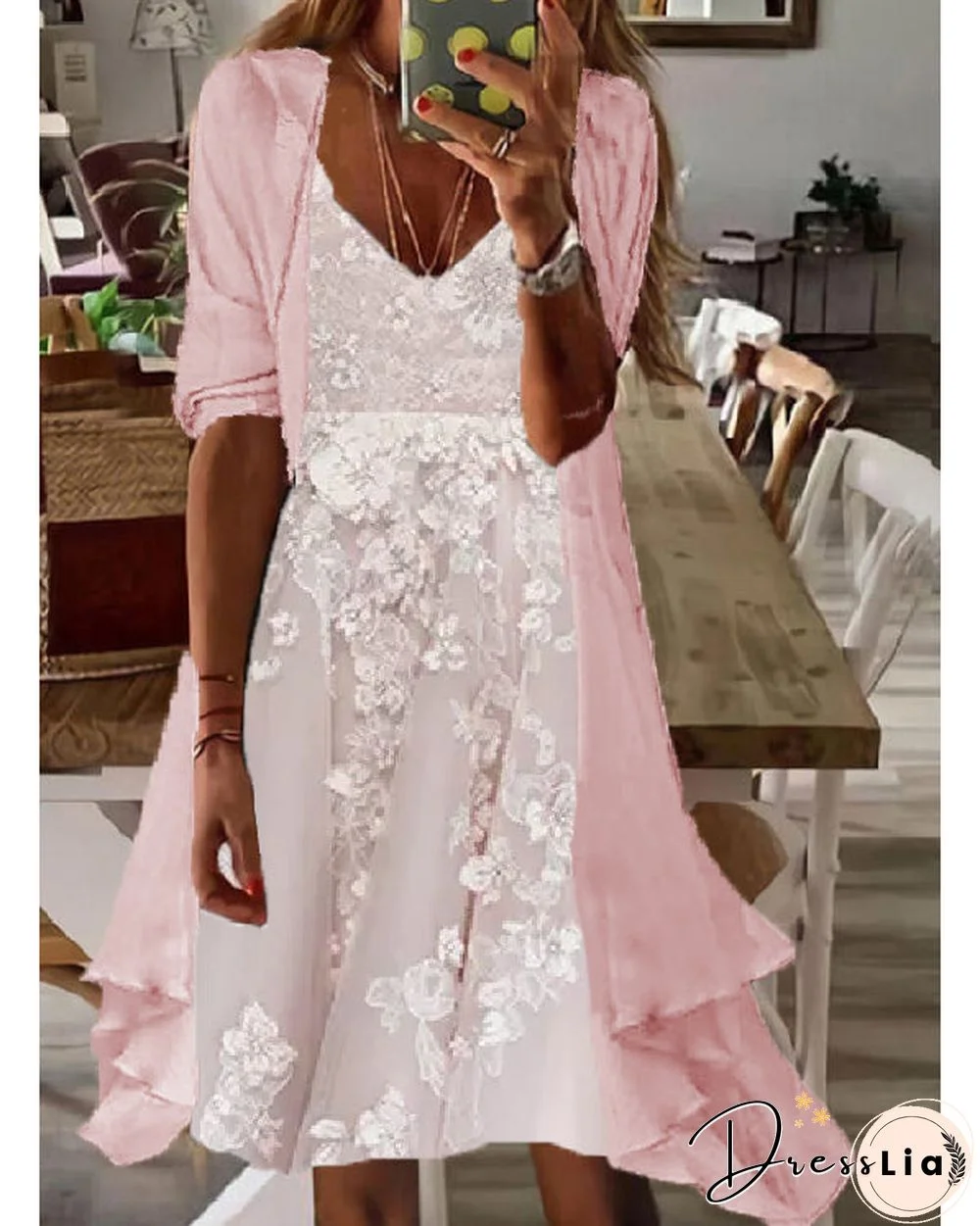 Fake Two Piece Waisted Round Neck Chiffon Coat Dress