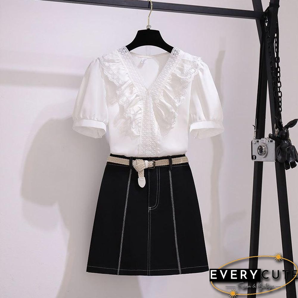 Elegant Lace Blouse+Belt Skirt P11368