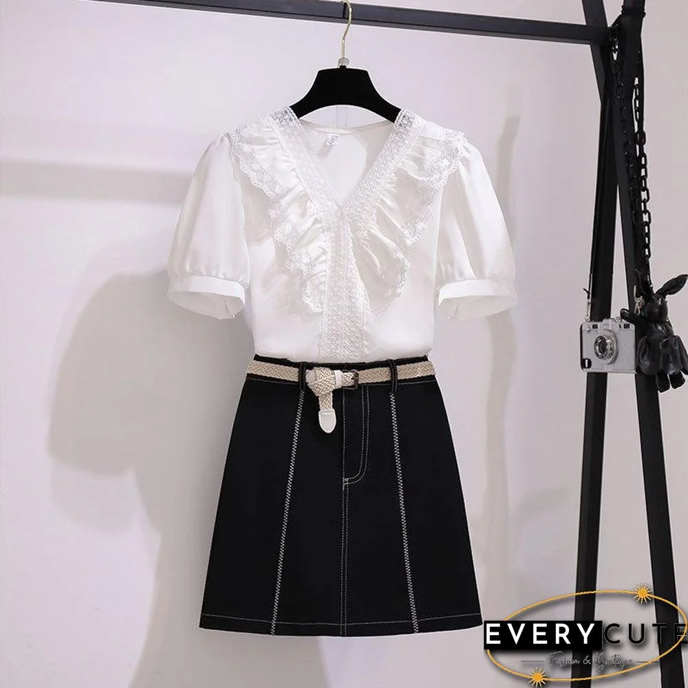 Elegant Lace Blouse+Belt Skirt P11368