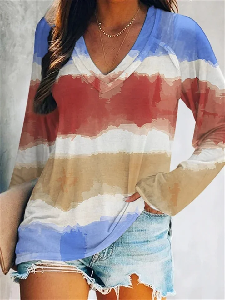 Autumn and Winter Fresh Sweet Women's Tie-dye Gradient Printing V-neck Long-sleeved T-shirt Female-JRSEE