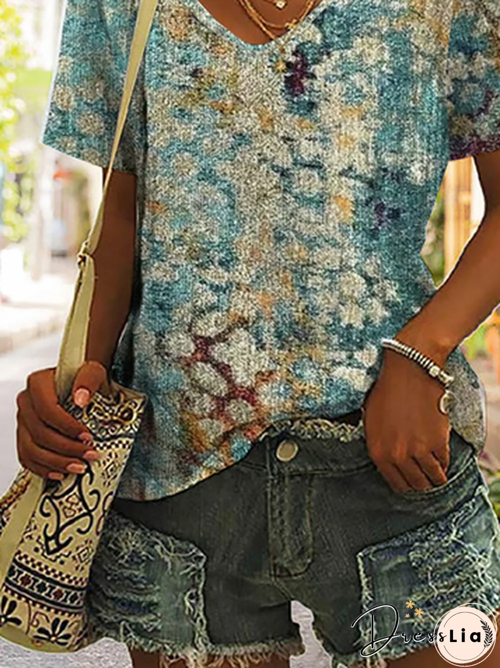 V Neck Abstract Printed Jersey T-Shirt