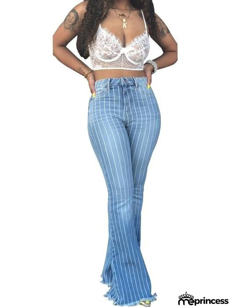 Trendy Wide-leg High-rise Striped Flared Jeans