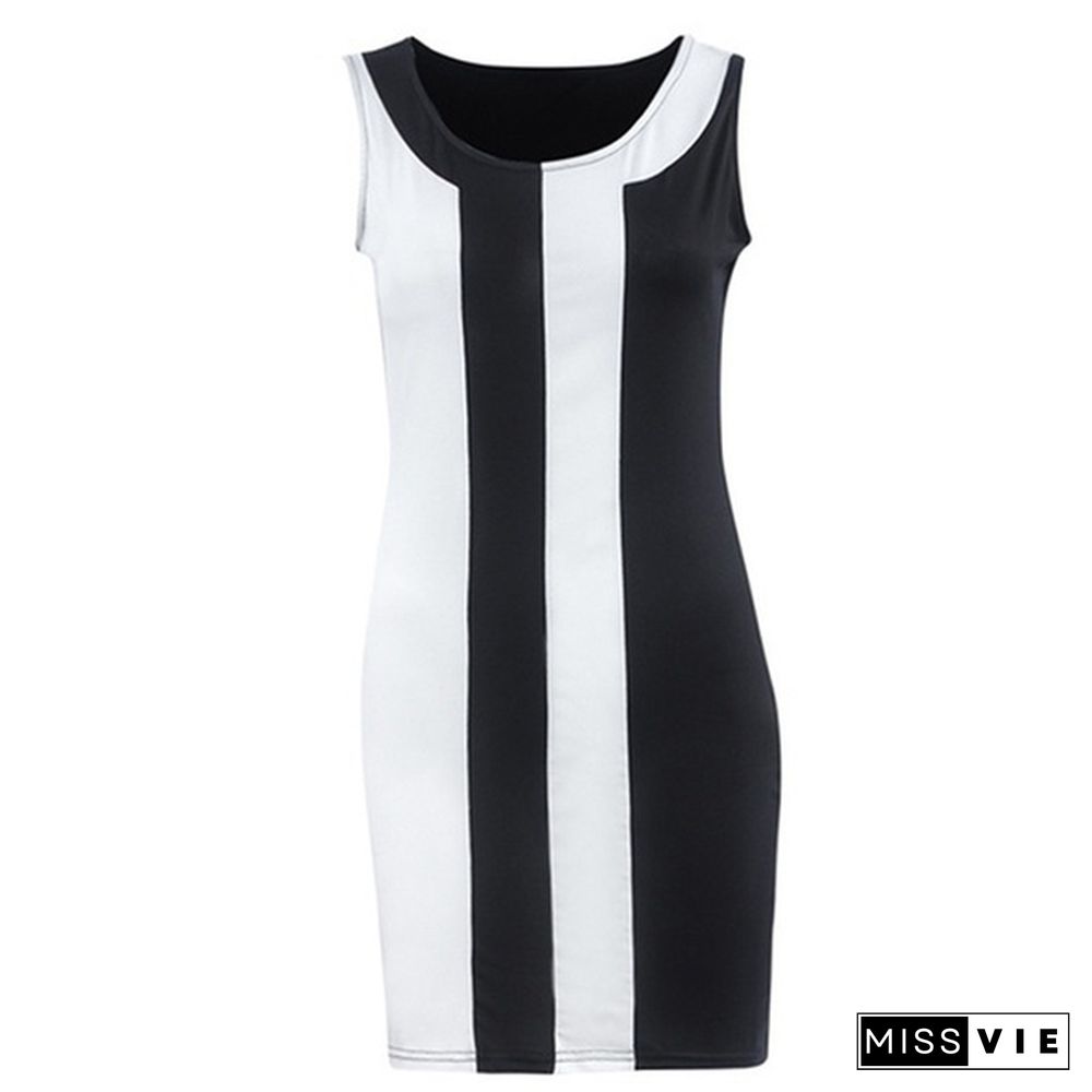 V-Neck Summer Womens O-Neck Sleeveless Black and White Patchwork Party Mini Dress Bodycon