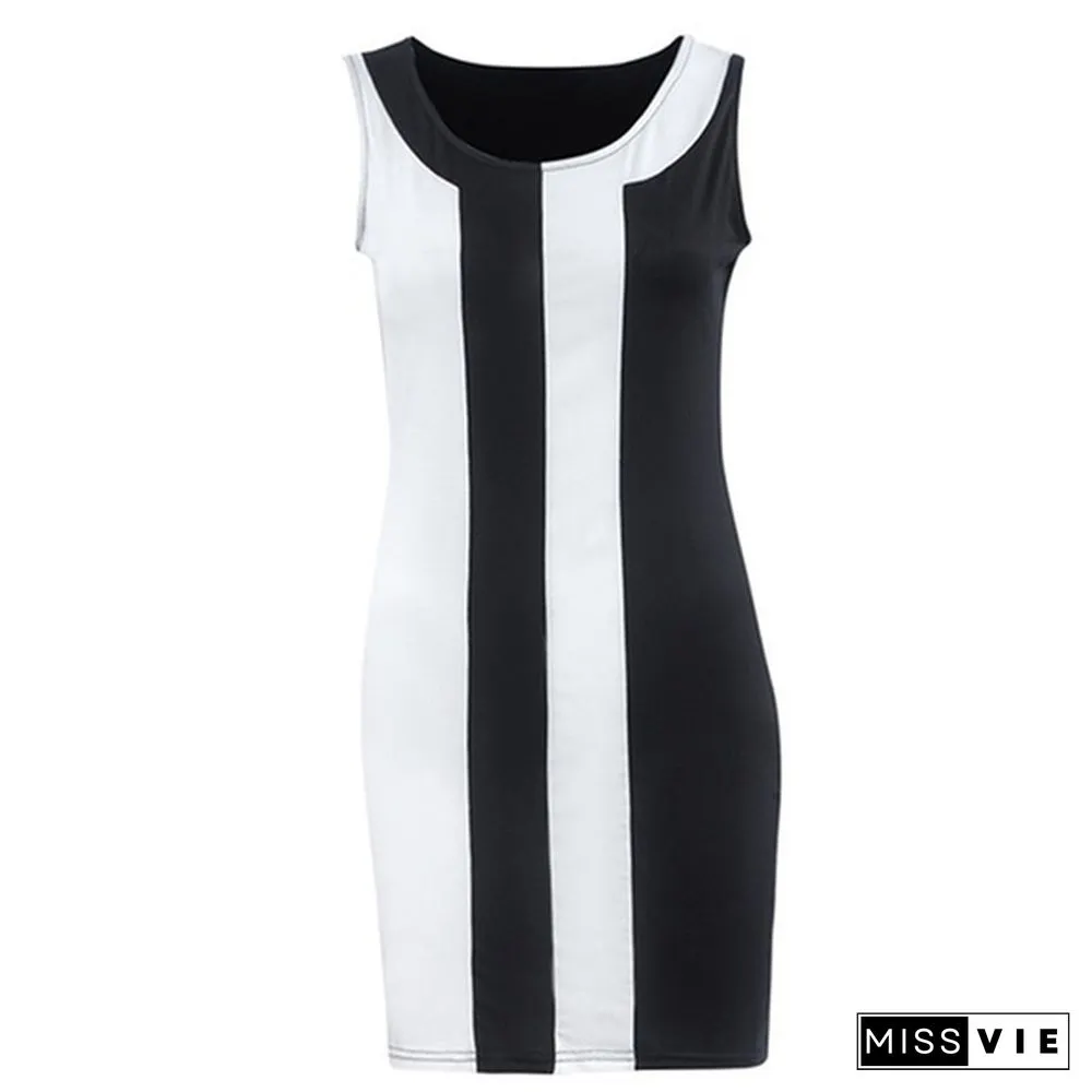V-Neck Summer Womens O-Neck Sleeveless Black and White Patchwork Party Mini Dress Bodycon