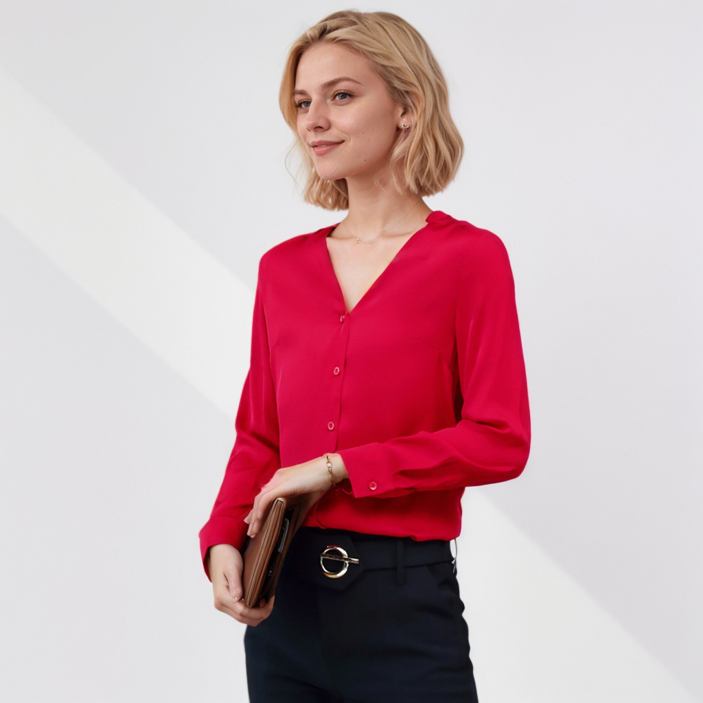 Elegant V-neck Silk Blouse With Buttons  REAL SILK LIFE