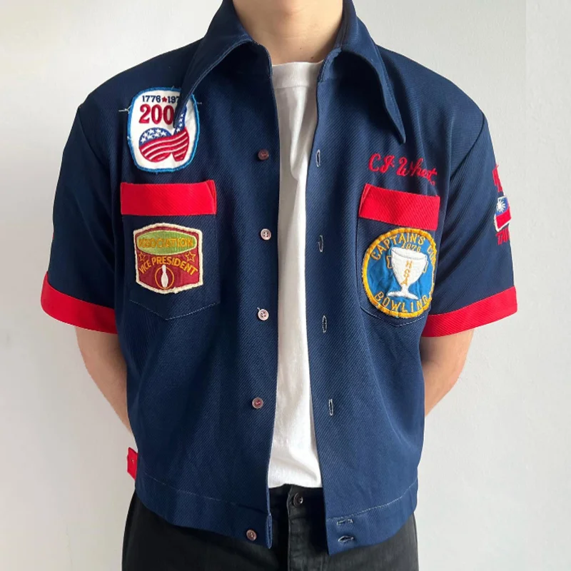 Vintage Multi-Patches ‘Captain Cups’ Bowling Cropped Shirt