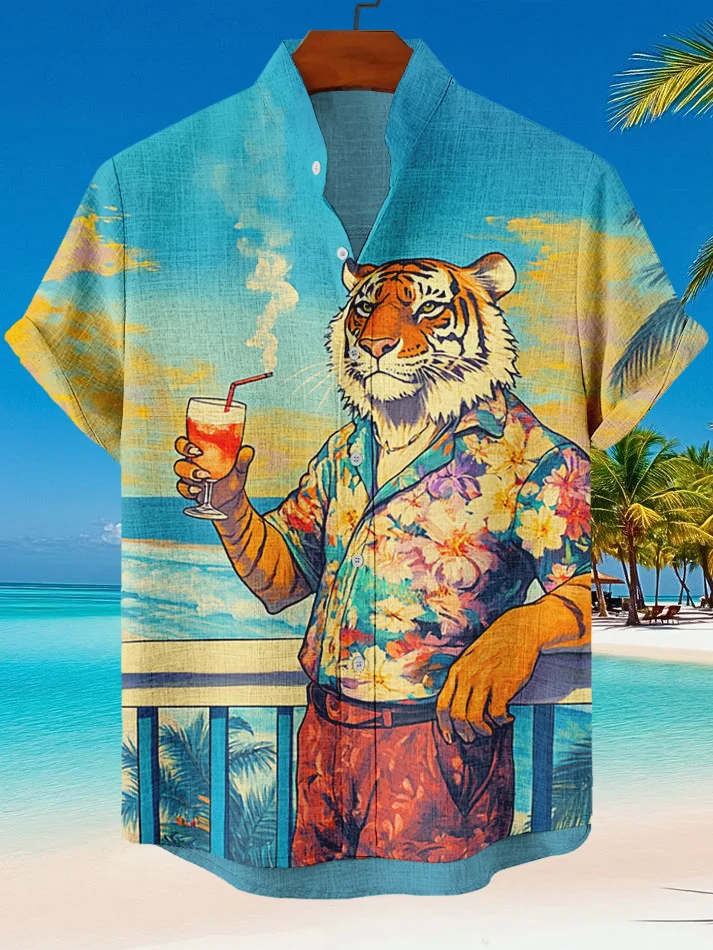 Men's Tiger Hawaii Beach Vacation Drinking Juice Print Casual Shirt