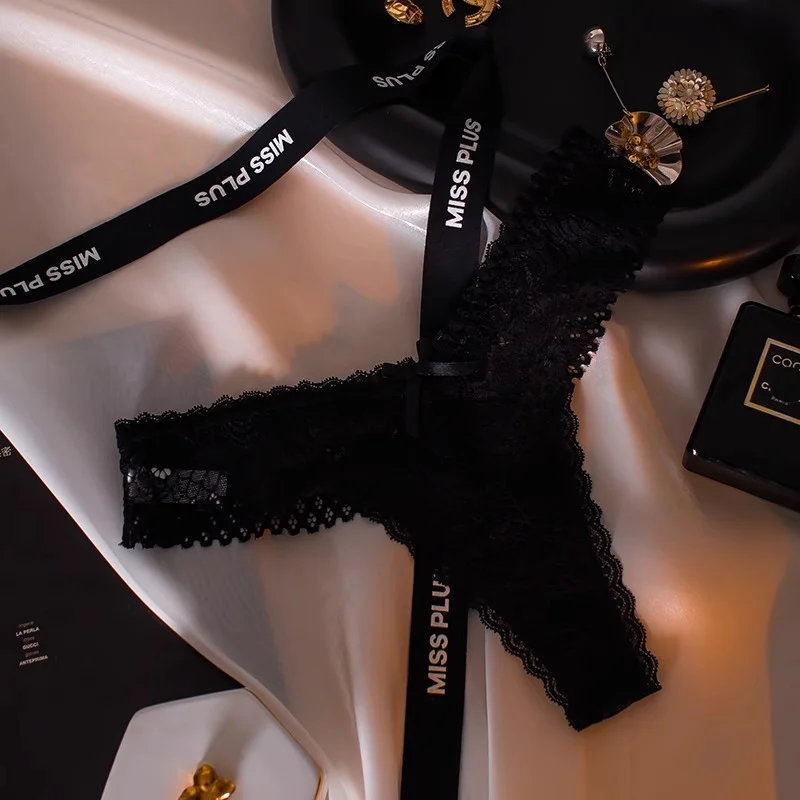 Uveng Uveng Sexy Lace Thong Female Hollow V Waist Pure Desire Bow Breathless Large Peach Butt Trousers