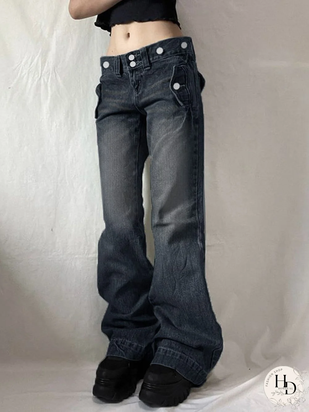 Metal Decor Buckle Low Rise Boyfriend Jeans