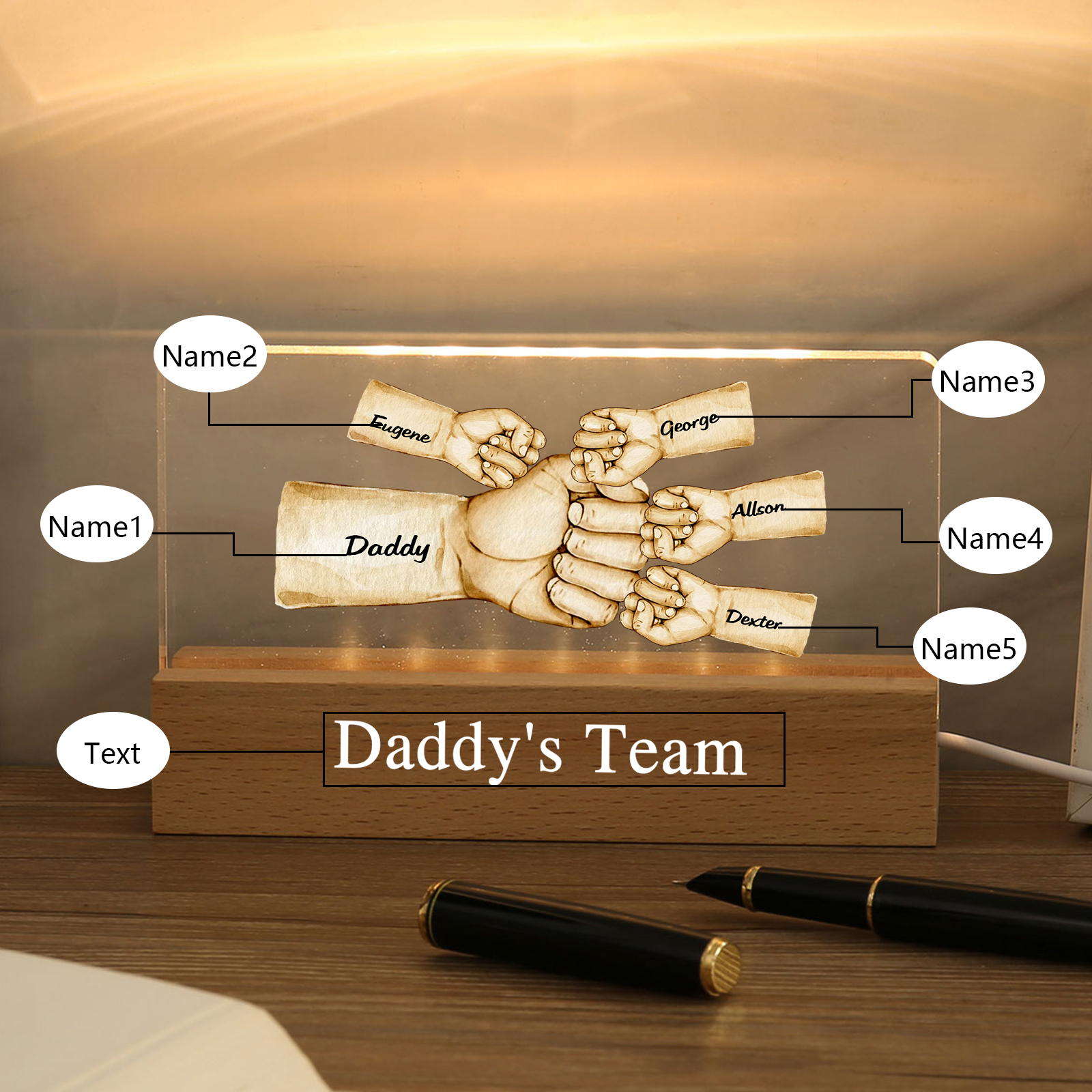 5 Names - Personalised Fist Bump Pattern Table Lamp Customized Text Father's Day Gift for Dad