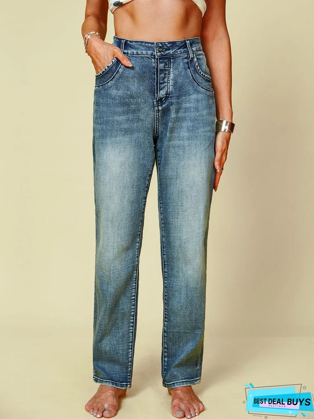 Blue Denim Simple Solid Pockets Jeans