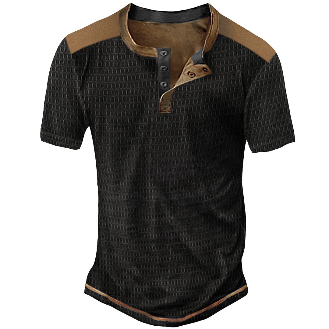 Men‘s Retro Printed Short Sleeve Round Collar Button Outdoor Henley Shirt
