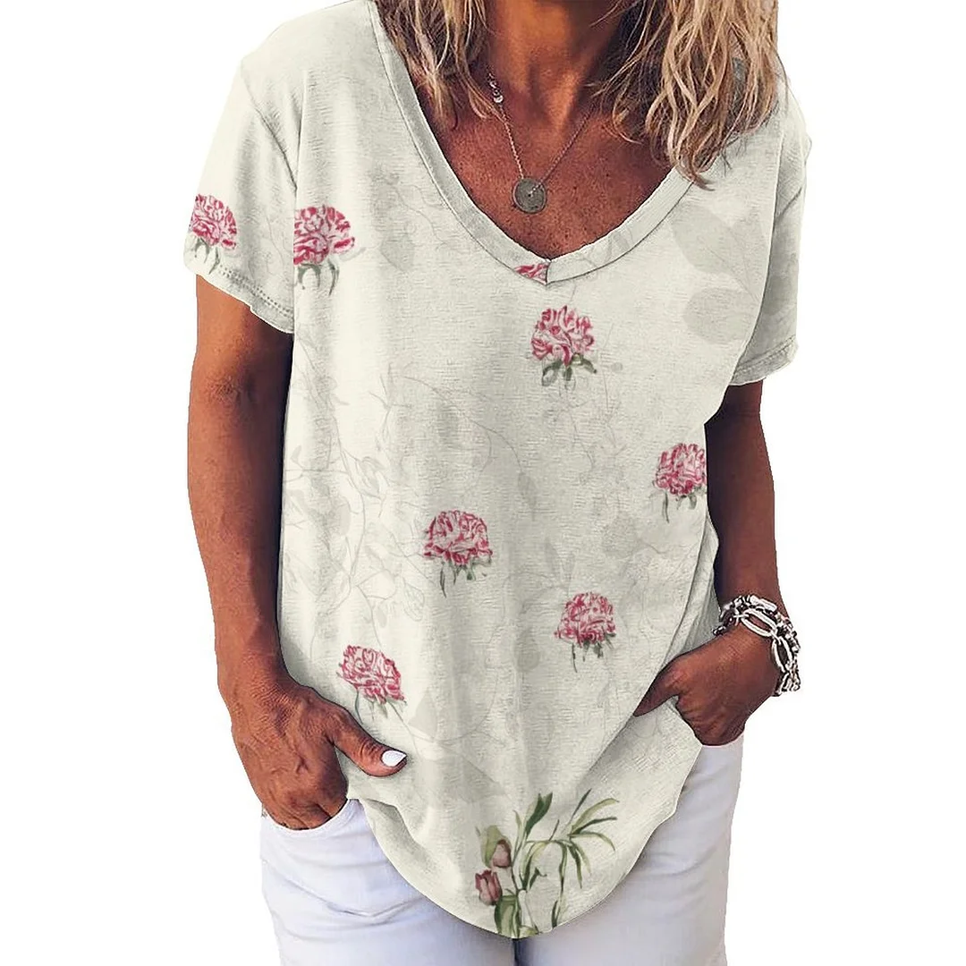 V-neck Short Sleeve Casual T-shirt for  Women Printed with Pattern Floral, Pink