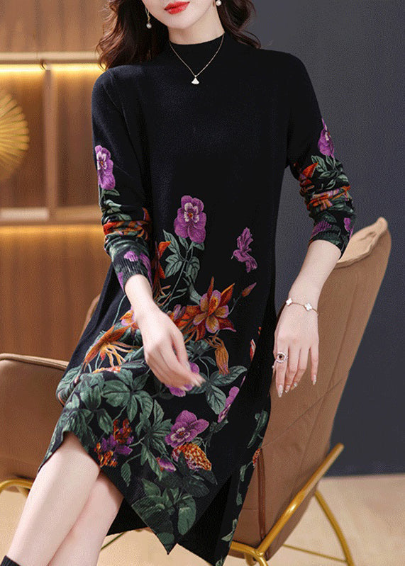 VCSHOES Black Turtleneck Print Wool Knit Dress Long Sleeve