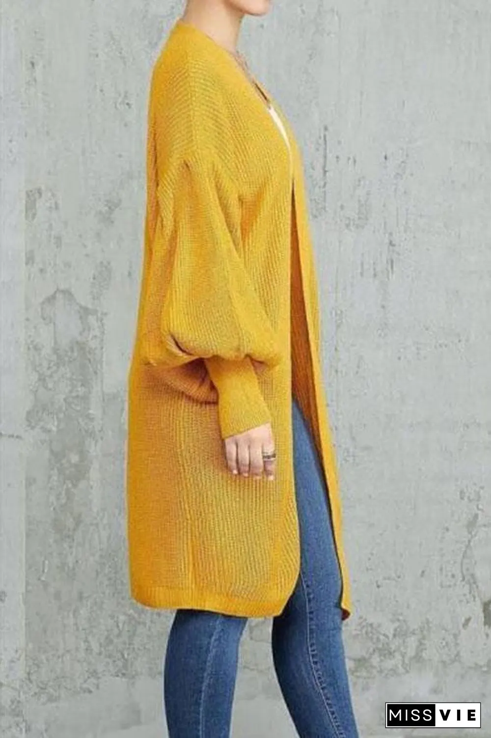 Loose Solid Color Lantern Sleeves In Long Cardigan