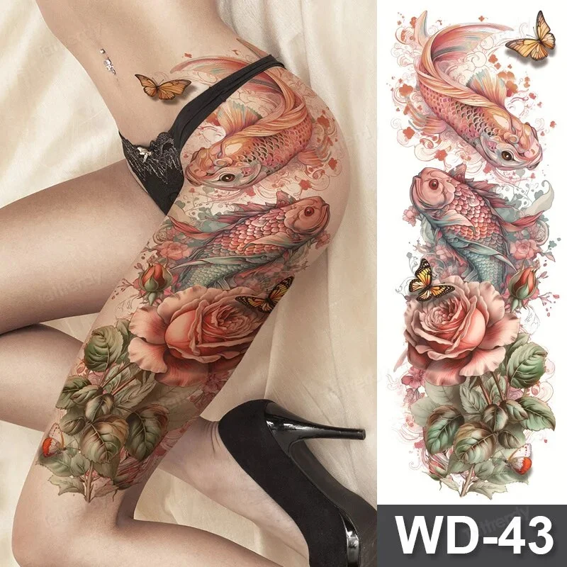 Sdrawing Size Leg Thigh Temporary Tattoo Stickers Full Arm Sleeve Wolf Carp Fox Peony Flower Fake Tattoo Sleeves Sexy Body Painting
