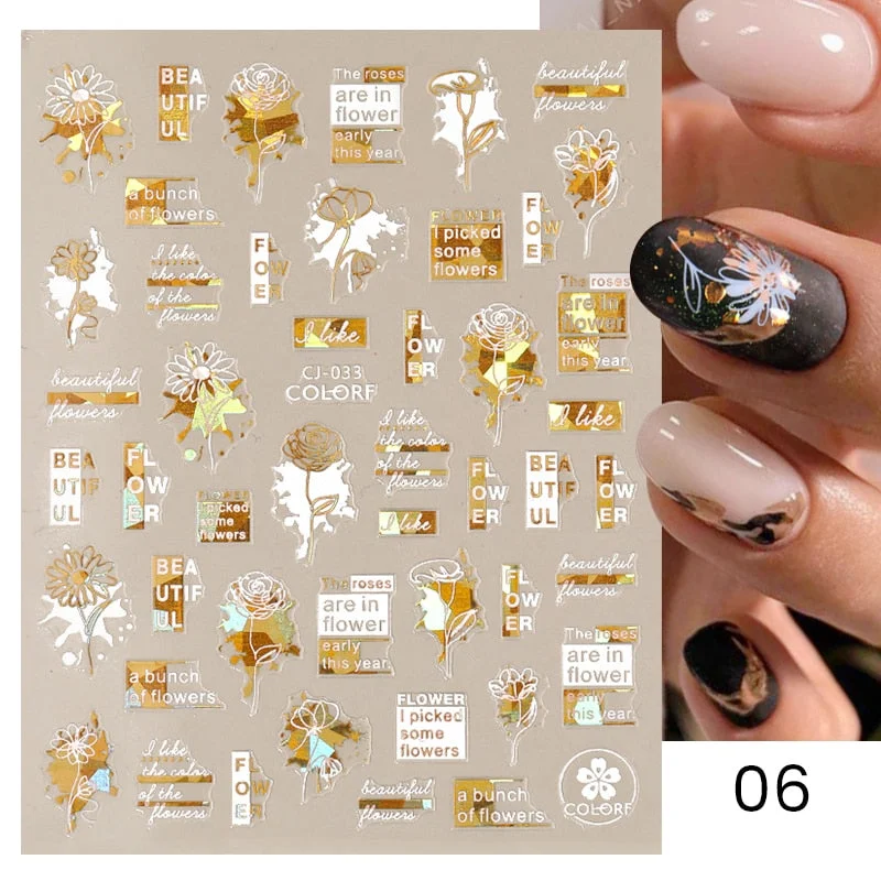 1 Pc White Gold Laser Leaves 3D Nail Stickers Leaf Cute Spring Sliders for Nails Flowers Adhesive Sticker Nail Art Design Decal-Nail Inspo