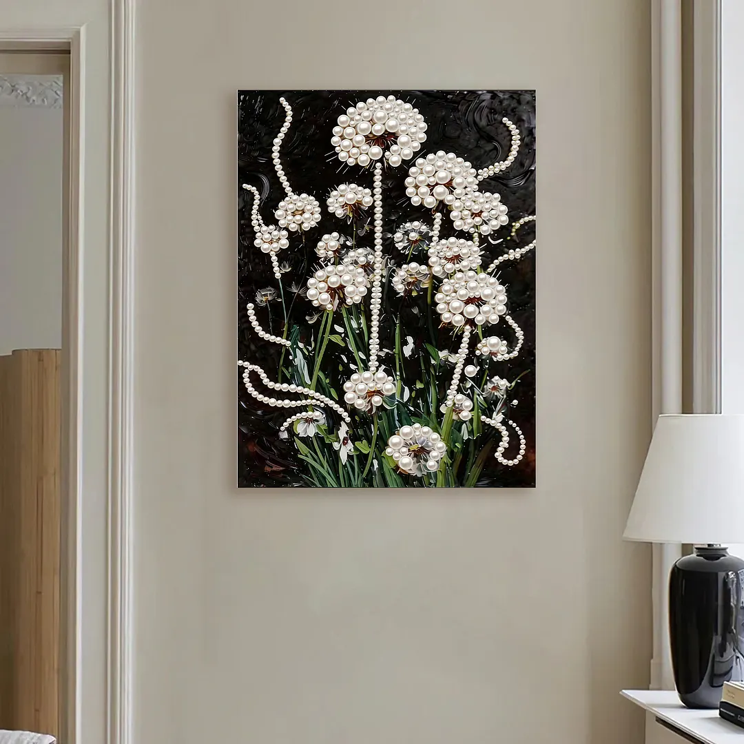 DIY Dandelion Pearl Painting Kit for Adults Beginners Gift Idea Home Wall Decor Pearl Gem Paintings Picture Arts Craft 30x40cm with Frame