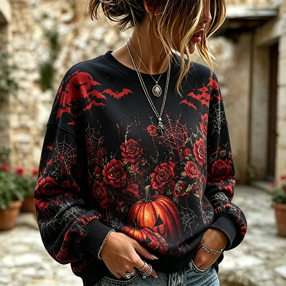 Women's Crewneck Long Sleeve Sweatshirt - Spooky Halloween Theme Featuring Jack-o'-lantern Pumpkins, Spiderwebs, Blooming Roses And Flying Bats Print Top artswardrobe
