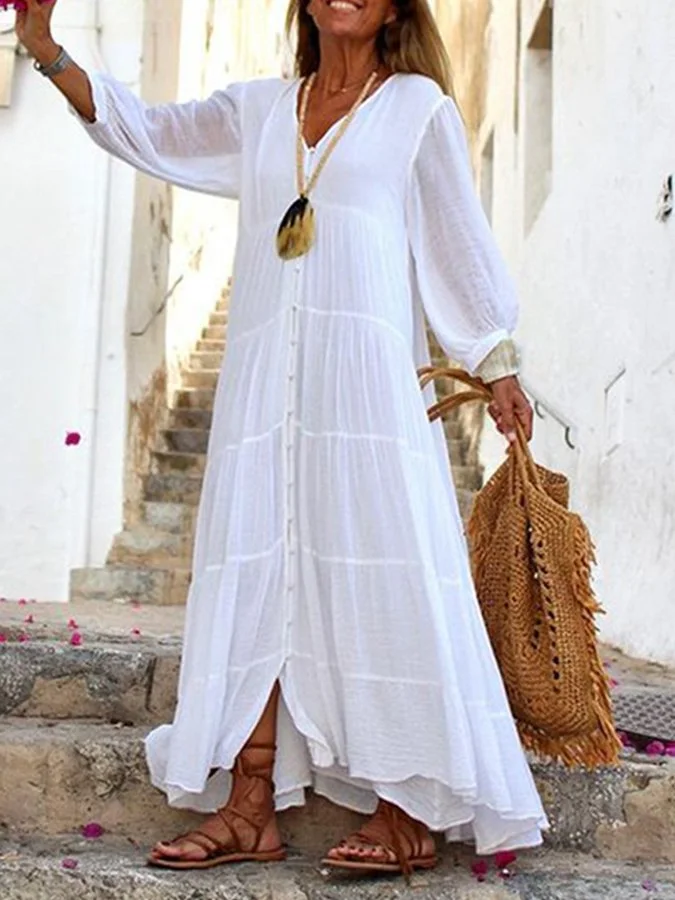 Women's V-Neck Long Sleeve Boho Cotton Linen Dress socialshop