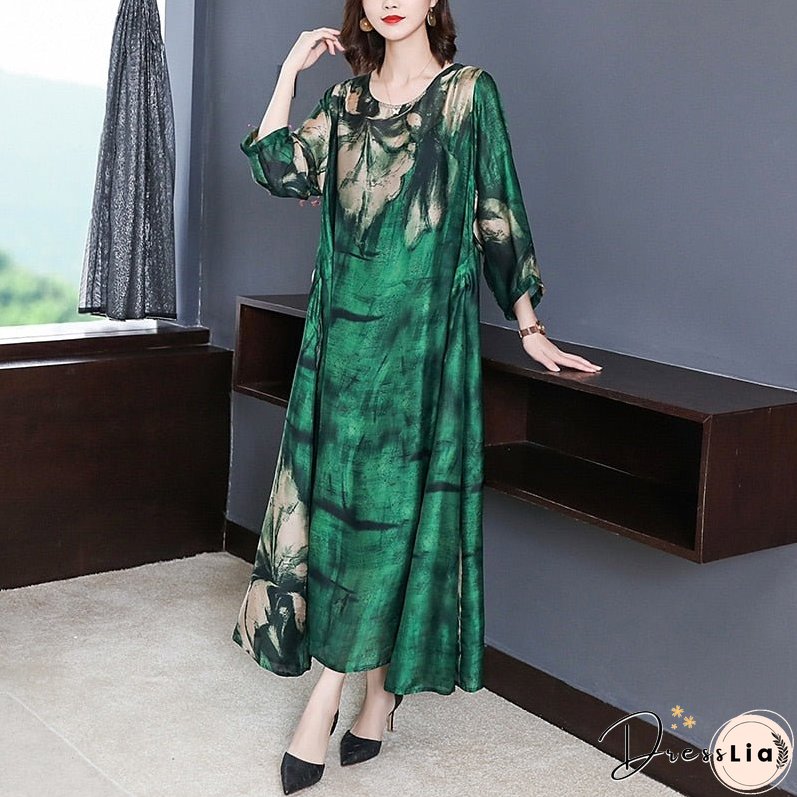 Loose Casual Green Print Beach Maxi Midi Dress