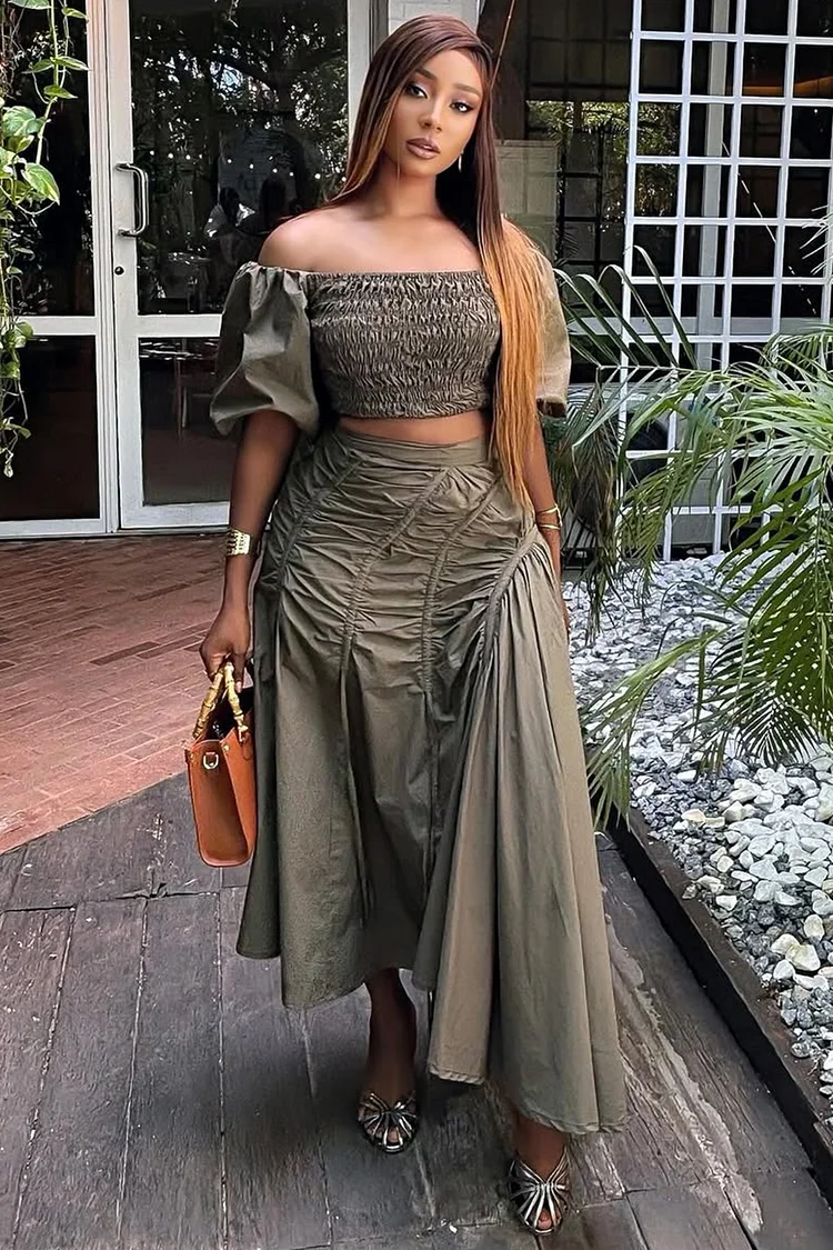 Ruched Off Shoulder Crop Top Maxi Skirt Daily 2pcs Set-Khaki [Pre Order]