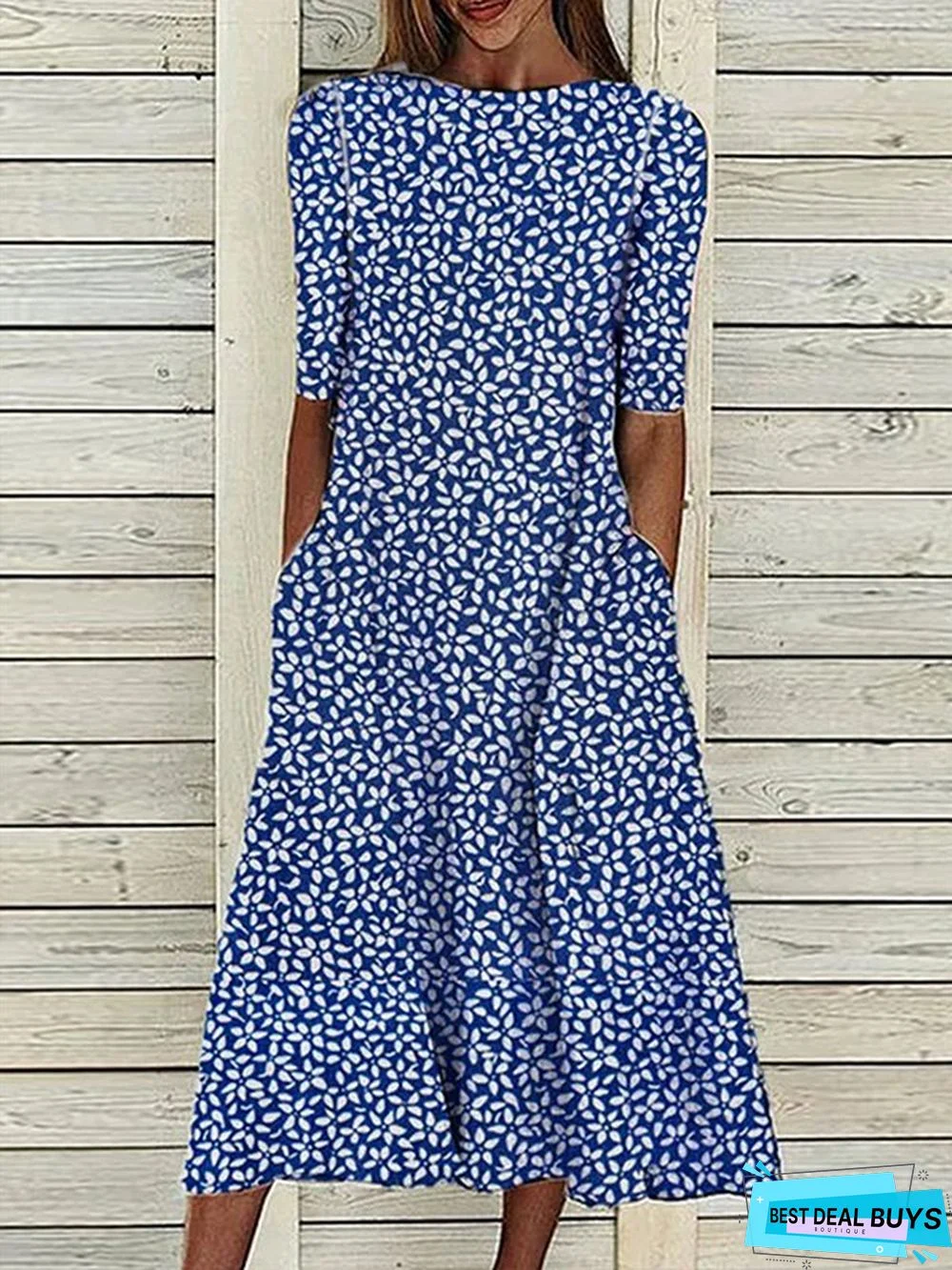 Women's A Line Dress Midi Dress Blue Half Sleeve Floral Ruched Print Summer Fall Crew Neck Casual Modern