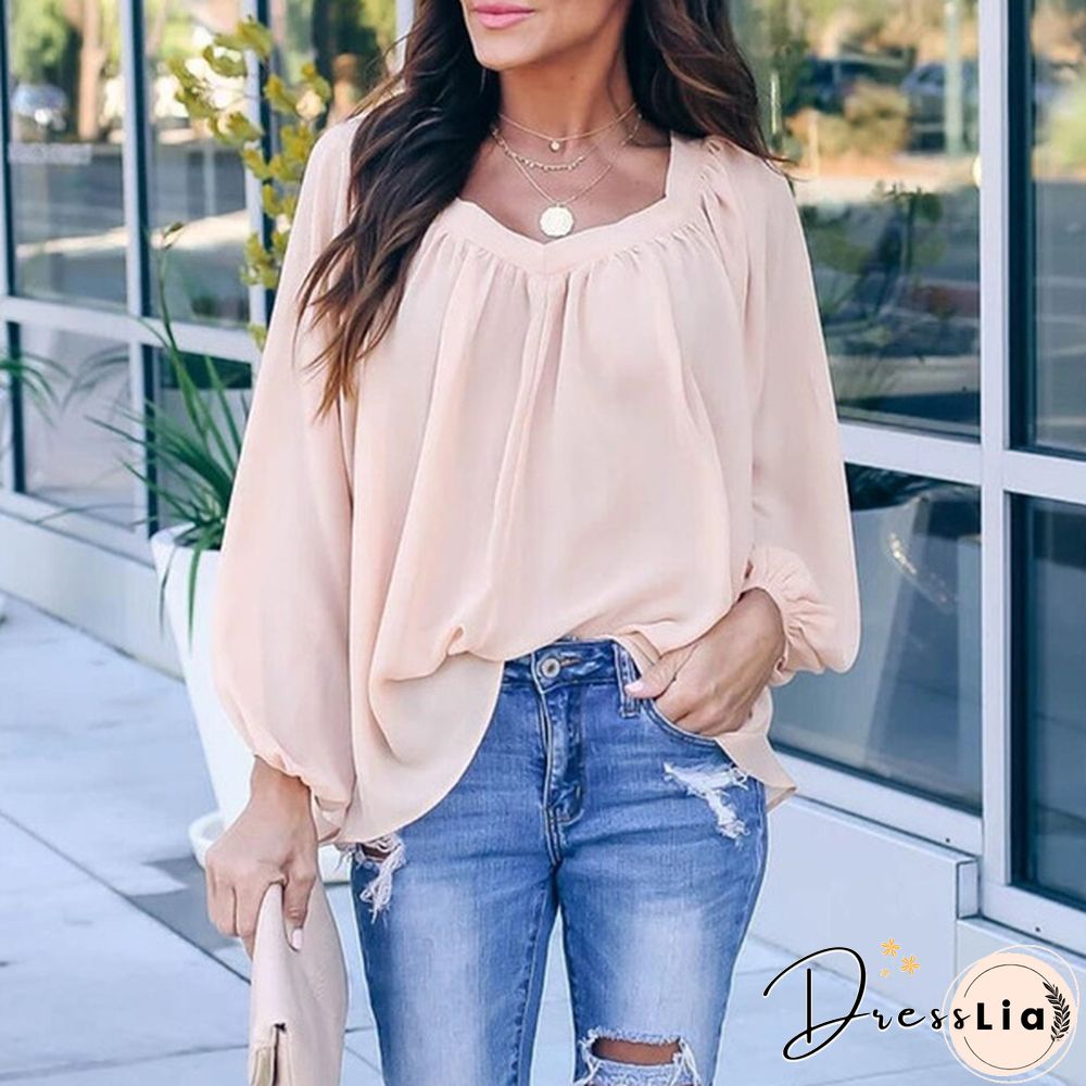 Plus Size XS-8XL Women's Fashion Clothes Pure Color Long Sleeve Shirts Elegant Ladies Casual V-neck Tops Spring and Autumn Bow-knot Lace Up Loose Chiffon Blouse