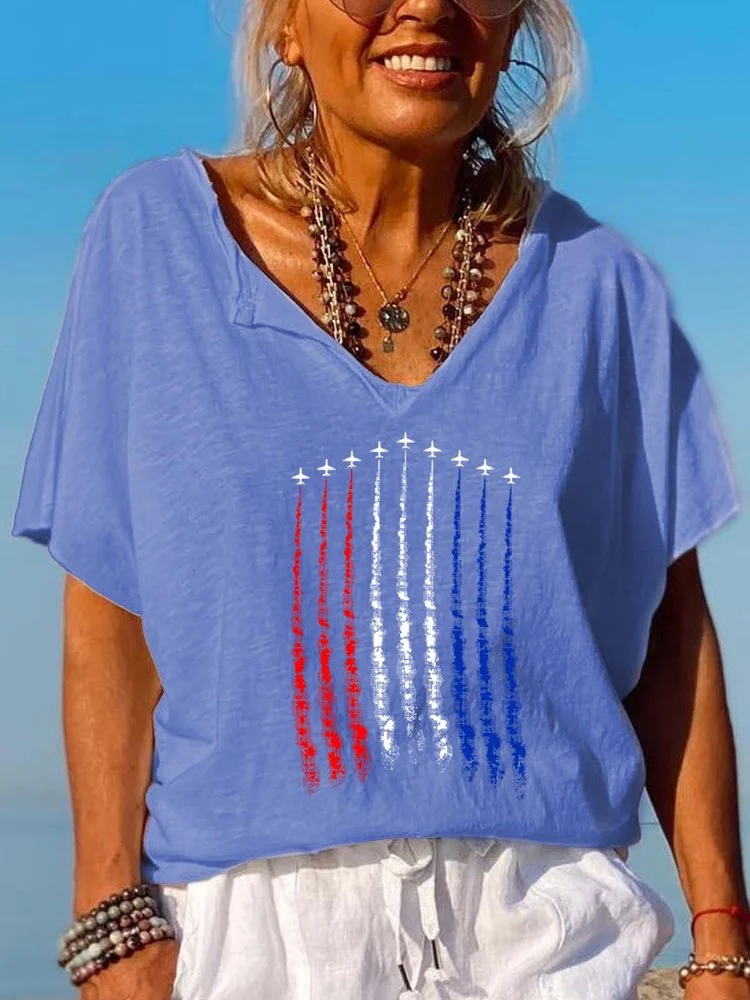 Air Force Flyover Shirt Loose Cutting Turnover Collar V Neck T-Shirt Top
