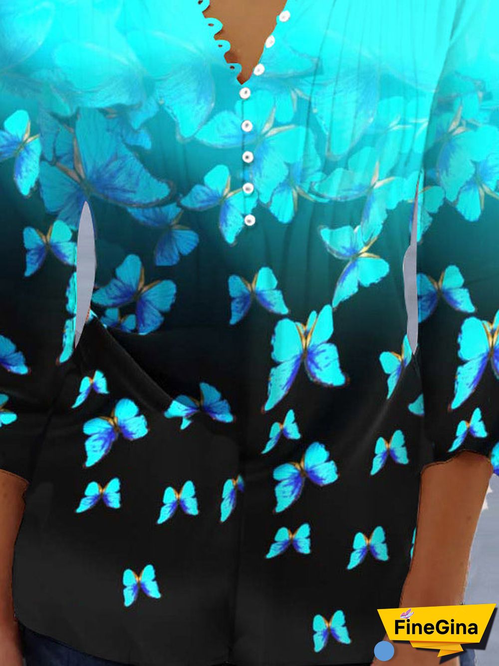 Women's Colorblock Butterflies Printed 3/4 Sleeve V-neck Top