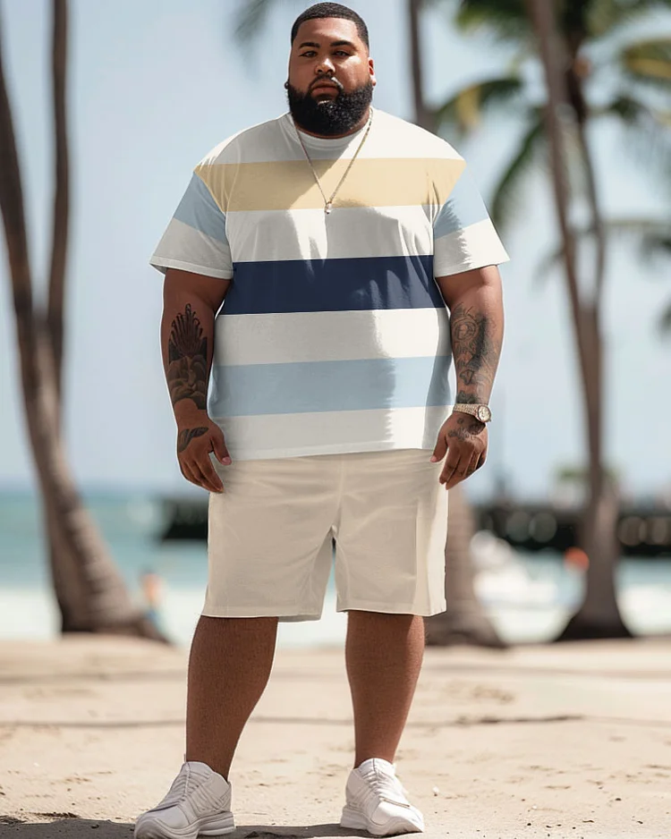 Men's Plus Size Hawaiian Simple Stripe Print T-Shirt Shorts Suit