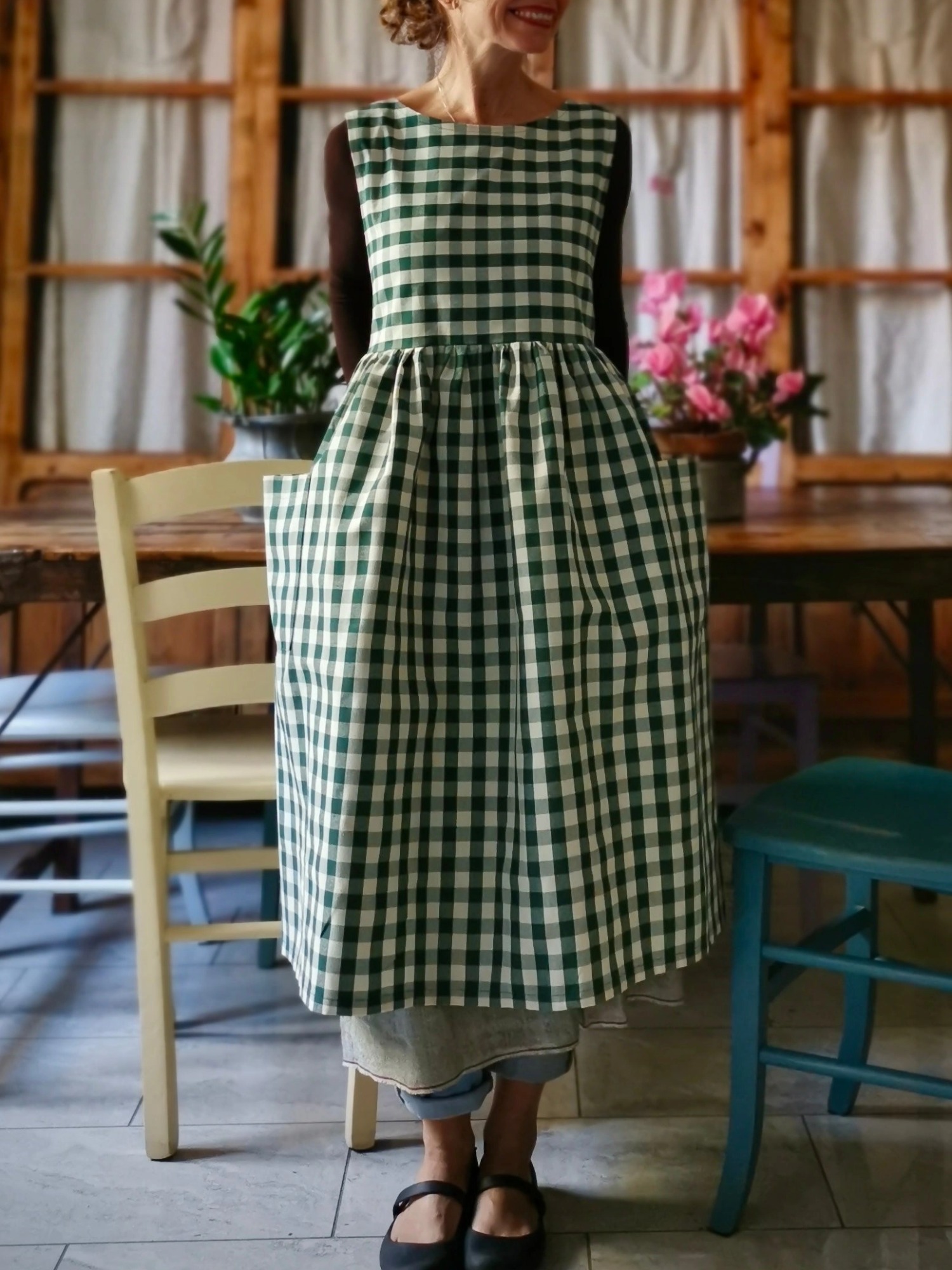 Dark Green Checked Cotton Kitchen Apron