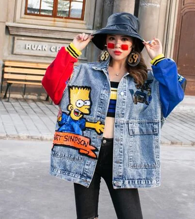 Jeans Jacket Outerwear Autumn Fashion Cartoon Sequin Print Long Sleeve Jackets Coat Loose Streetwear Female Denim Jacket Women