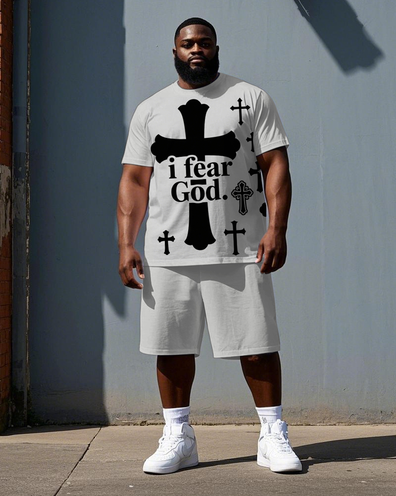 Big Men's Simple Street Fashion Cross i fear GOD Printed Short Sleeve T-Shirt Shorts Set