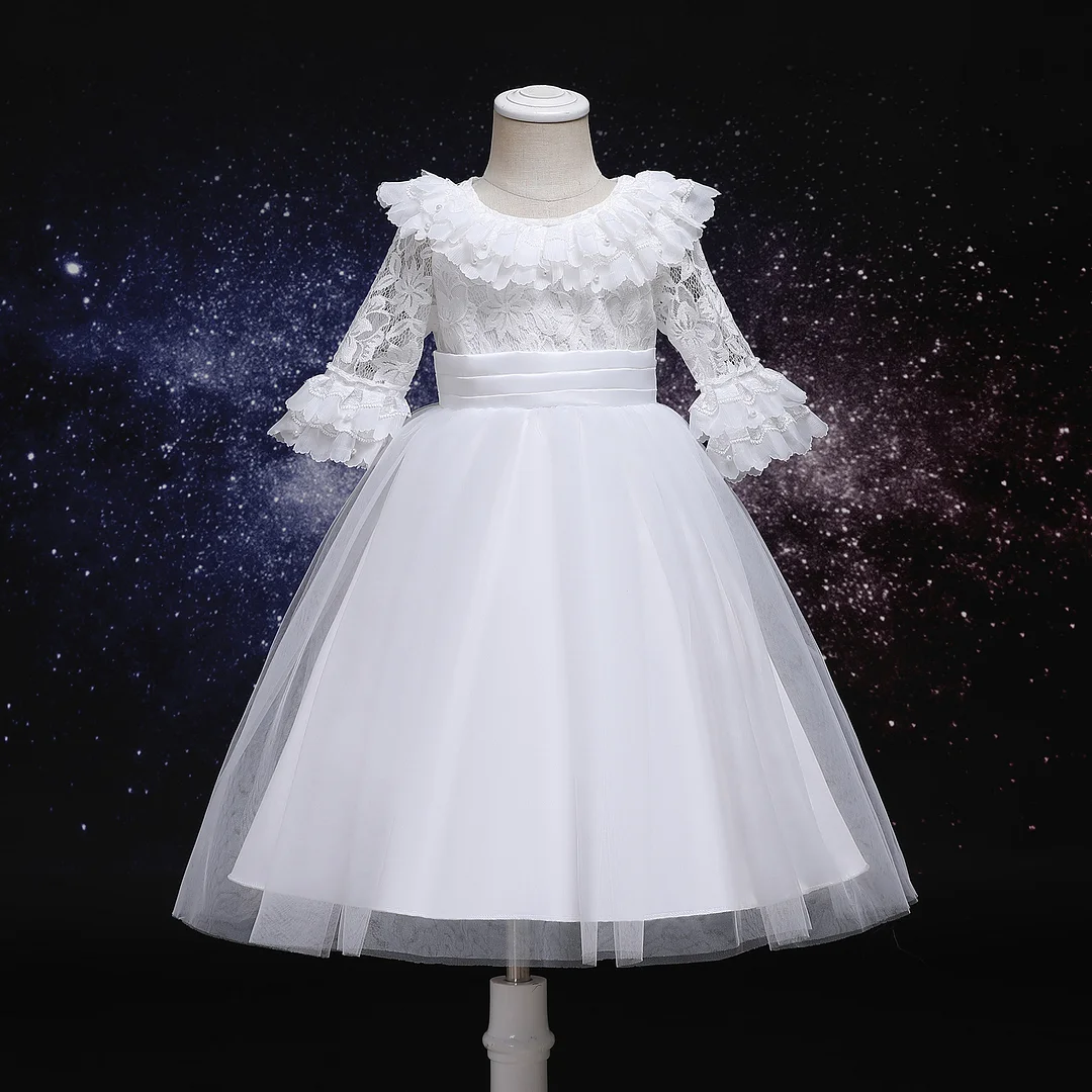 Buzzdaisy Solid Color Princess Dress For Girl Elizabethan Collar Solid Color 3/4 Sleeve Breathable Cotton Retro Dress Children'S Birthdays