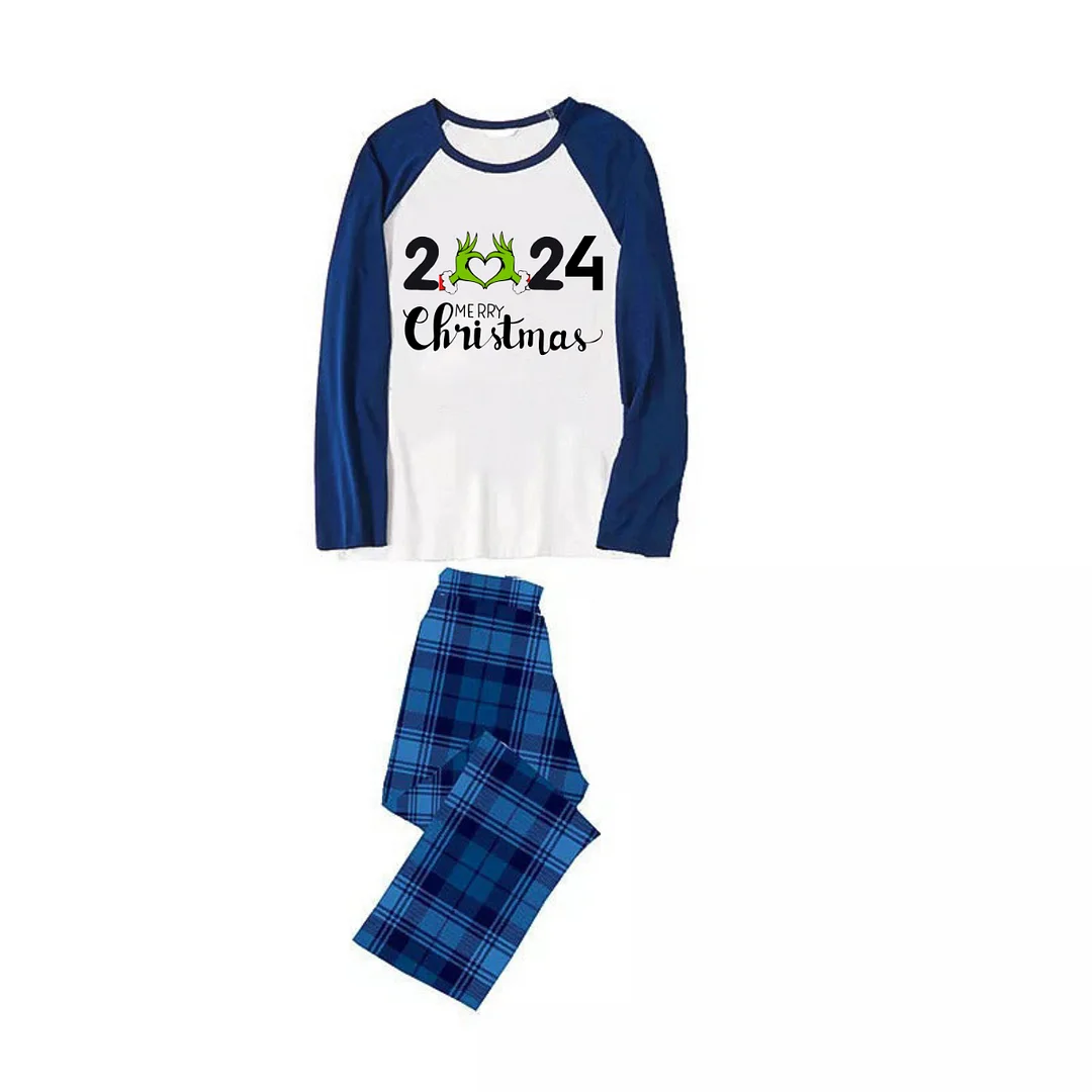 "2024 Merry Christmas" Text Printed Navy Blue and Black Plaid Christmas Family Pajamas