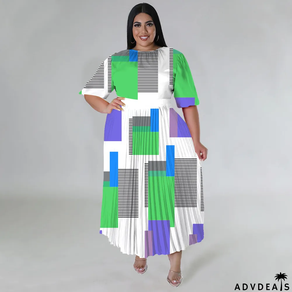 Plus Size Women's Digital Positioning Print Pleated Round Neck Long Casual Dress