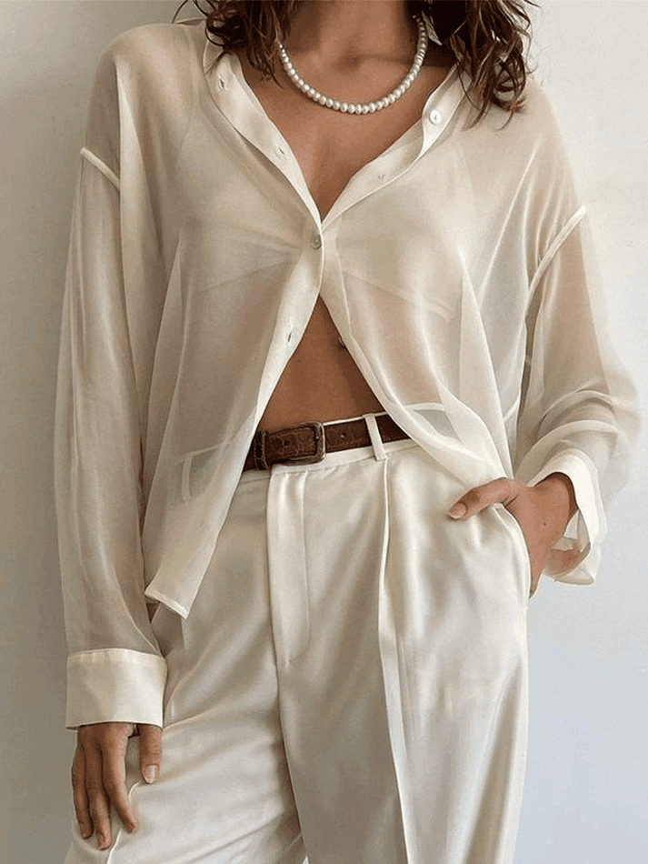 Brownm Button Front Semi Sheer Long Sleeve Blouse