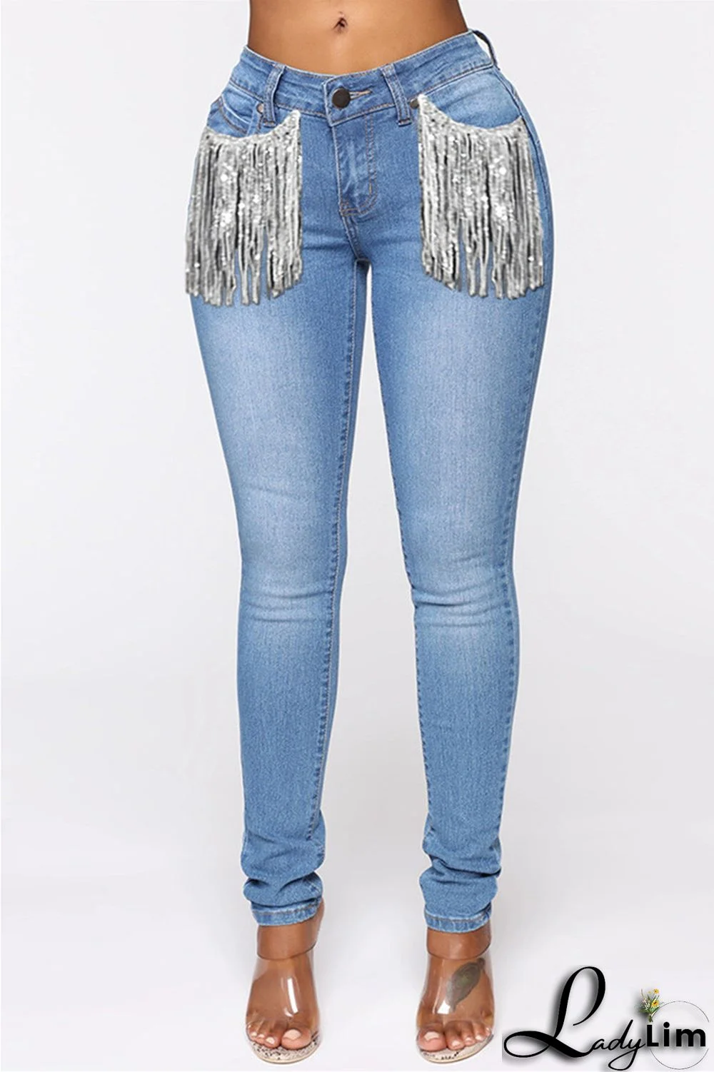 Light Blue Fashion Casual Solid Tassel Patchwork Mid Waist Skinny Denim Jeans