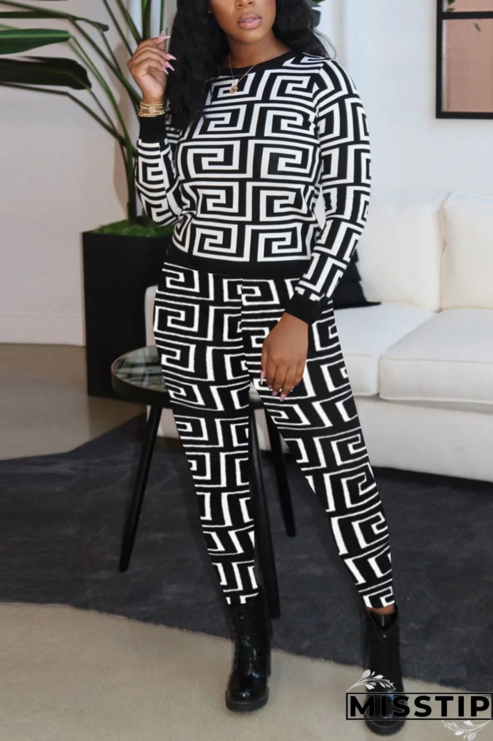 White Fashion Casual Print Patchwork O Neck Long Sleeve Two Pieces