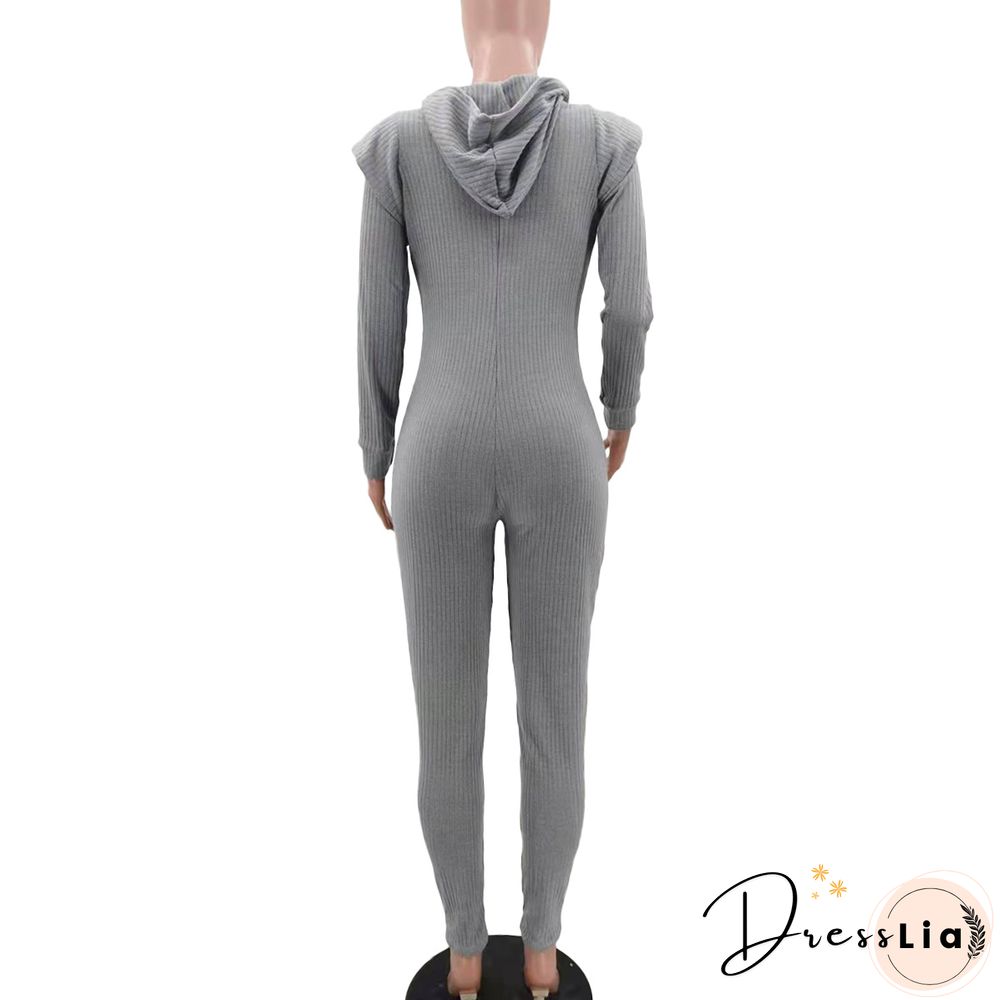 Knitted Long Sleeve Shoulder Padded Hooded Jumpsuit